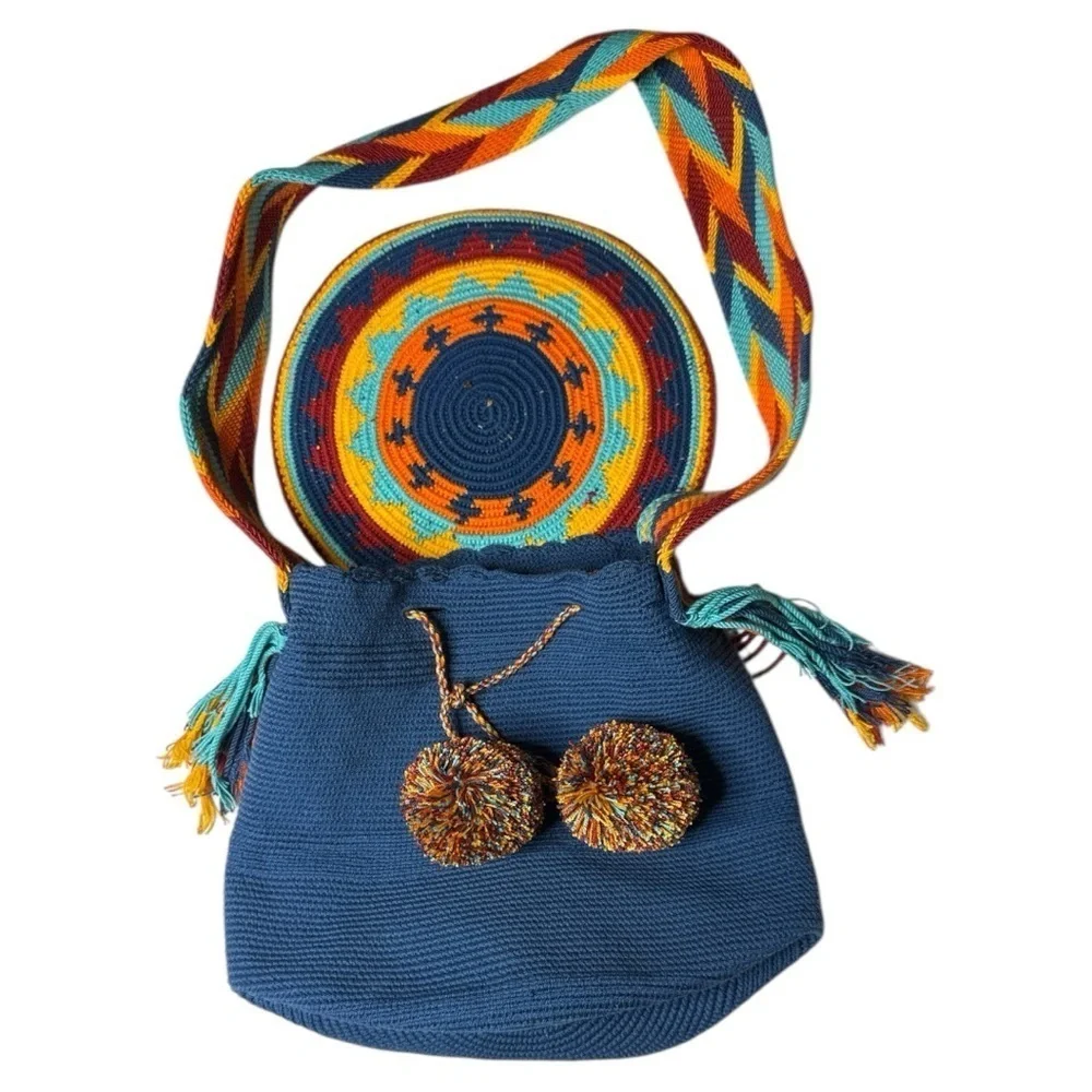 Wayuu Crystal Medallion Crochet Pom Pom Bag Flap Top